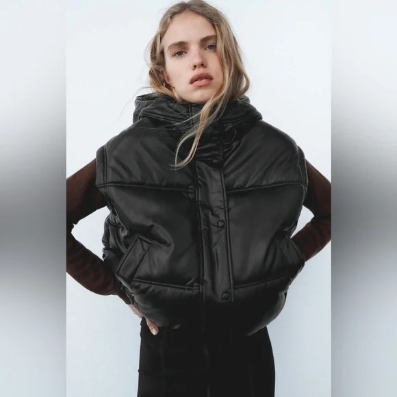 Zara Jackets & Blazers - Zara Black Quilted Faux-Leather Puffer Vest
